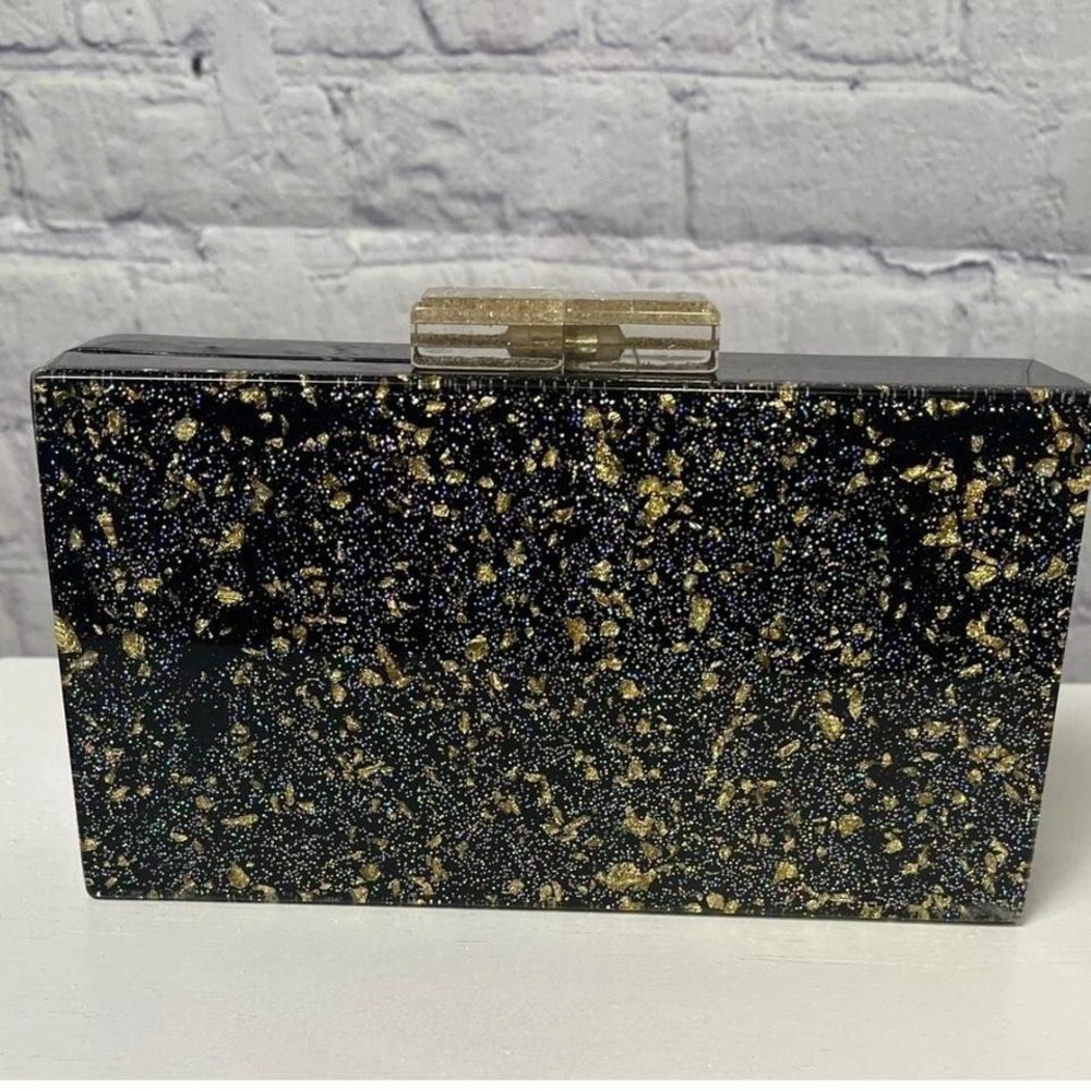 ASOS Acrylic Black Glitter Box Clutch Purse, Gold Accents, Glitter, Kiss Lock